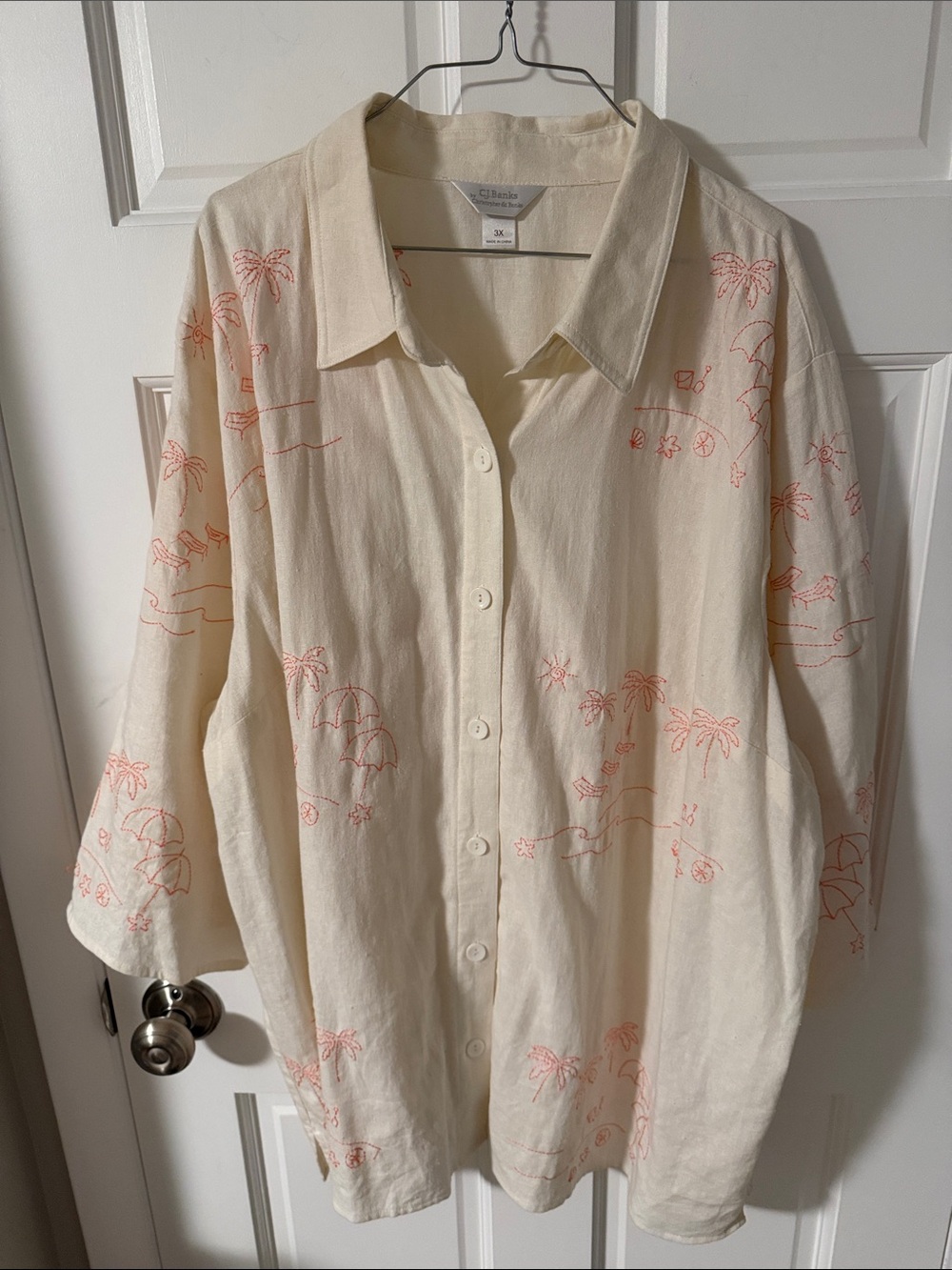 CJ Banks Linen Blend Beach Scene Embroidered Button Down Blouse Cream Resort 3X